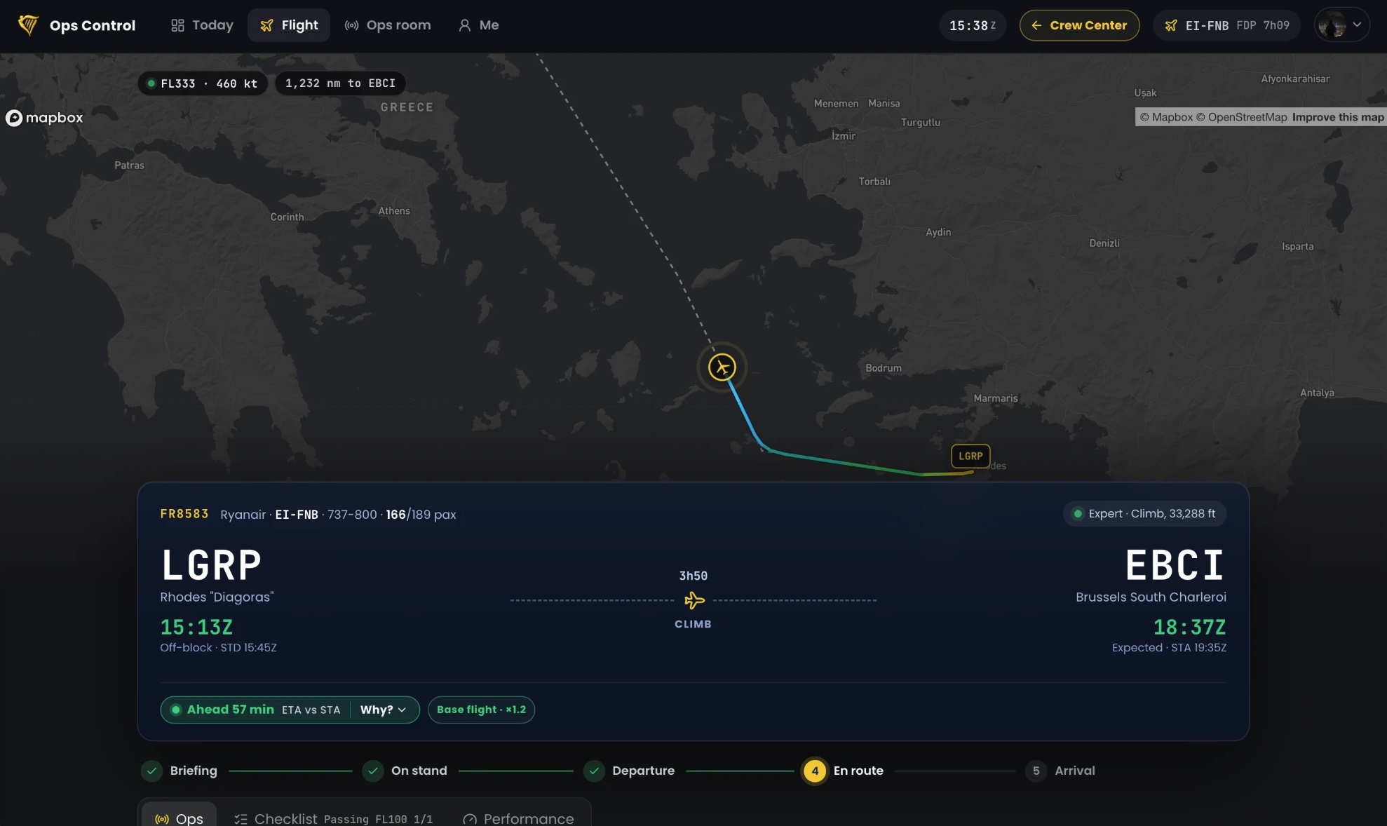 Ops Control following a flight live from Infinite Flight, 57 minutes ahead of schedule
